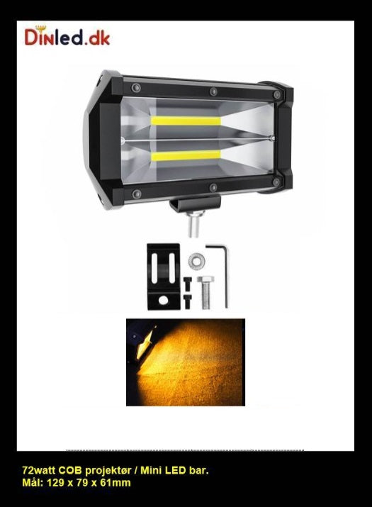 LED COB projektør 72 watt 12/24 volt - 2 rækker - gult lys