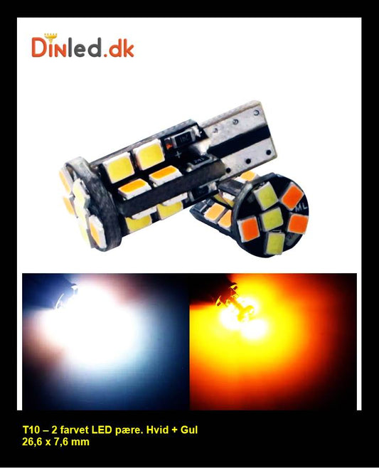 T10 W5W 2 farvet LED pære Hvid+orange - 12v