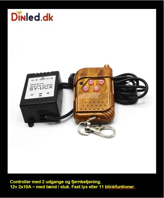 Controller med fjernbetjening 12v 2x10A - m. Blitz funktion