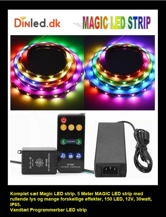 5 meter, 12 volt, 30 watt, 150 LED, vandtæt MAGIC LED strip - WS2811 - KOMPLET SÆT