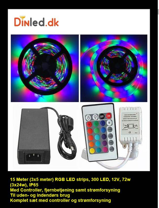 15 meter (3x5 meter), 12 volt, 72 watt, IP65, RGB LED strip - KOMPLET SÆT