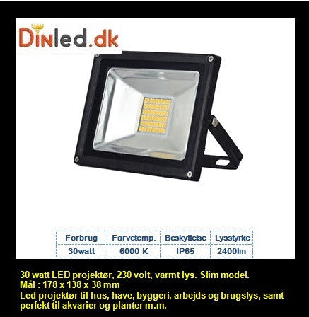 LED slim projektør 30 watt - SLUTSALG