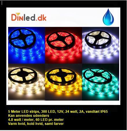 5 Meter, 12 volt, 24 watt, 1800 lumen, IP65, 300 LED, VANDTÆT Led strip