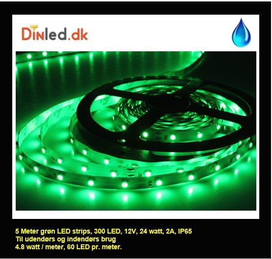 5 Meter, 12 volt, 24 watt, 1800 lumen, IP65, 300 LED, VANDTÆT Led strip