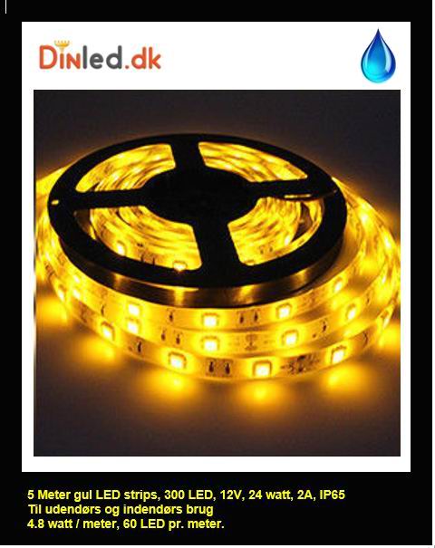 5 Meter, 12 volt, 24 watt, 1800 lumen, IP65, 300 LED, VANDTÆT Led strip