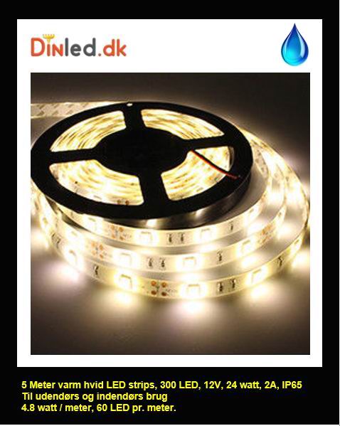 5 Meter, 12 volt, 24 watt, 1800 lumen, IP65, 300 LED, VANDTÆT Led strip