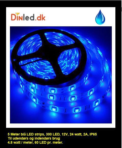 5 Meter, 12 volt, 24 watt, 1800 lumen, IP65, 300 LED, VANDTÆT Led strip