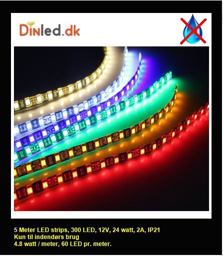 5 meter, 12 volt, 24 watt, 1800 lumen, IP20, 300 LED, Led strip