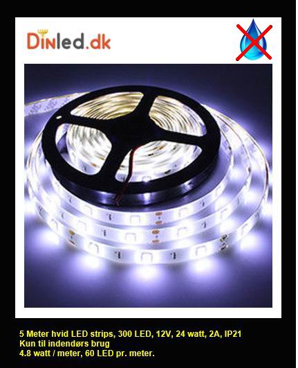 5 meter, 12 volt, 24 watt, 1800 lumen, IP20, 300 LED, Led strip