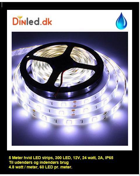 5 Meter, 12 volt, 24 watt, 1800 lumen, IP65, 300 LED, VANDTÆT Led strip