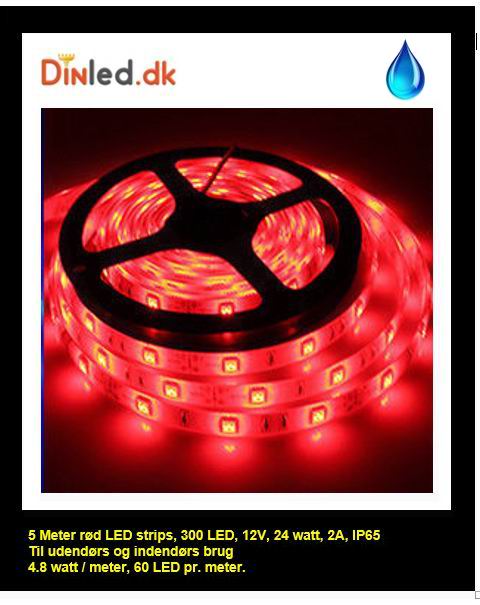 5 Meter, 12 volt, 24 watt, 1800 lumen, IP65, 300 LED, VANDTÆT Led strip