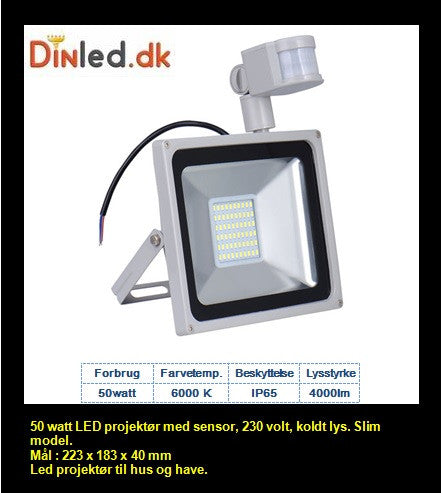 LED slim projektør 50 watt med bevægelsessensor