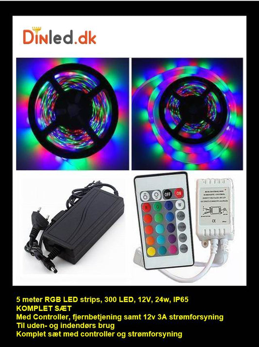 5 meter, 12 volt, 24 watt, IP65, 300 LED, VANDTÆT RGB LED strip - KOMPLET SÆT