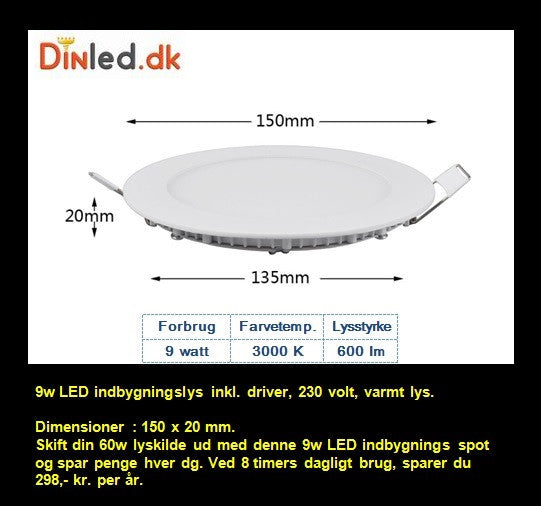 LED Indbygningslys rund 9w 220v, varmt lys - LAGER RYDNING