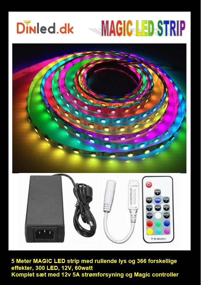 5 meter, 12 volt, 60 watt, 300 LED, MAGIC LED strip - WS2811 - KOMPLET SÆT