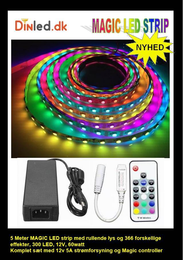 5 meter, 12 volt, 60 watt, 300 LED, MAGIC LED strip - WS2811 - KOMPLET SÆT