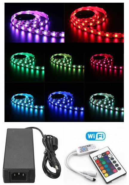 5 meter, 12 volt, 60 watt, 3600 lumen, IP65, 300 LED, RGB Led strip - KOMPLET SÆT