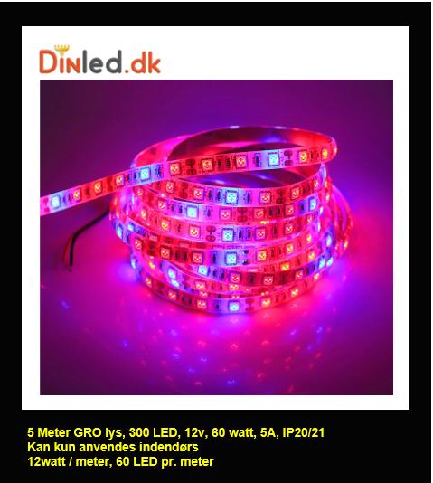 5 meter, 12 volt, 60 watt, IP20 LED gro lys bånd