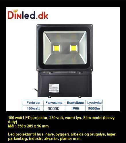 Professionel LED slim projektør 100 watt - LAGERRYDNING