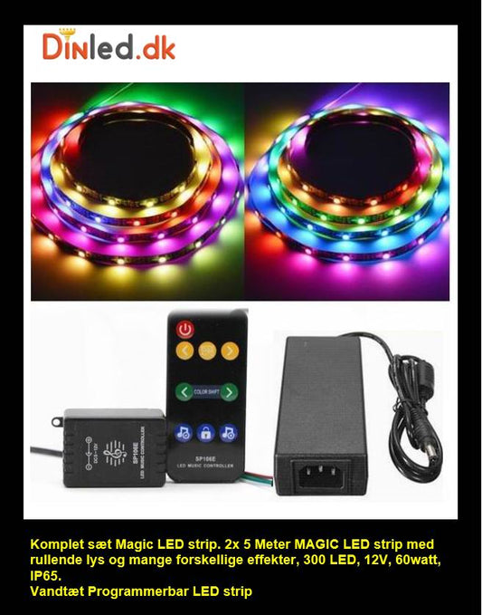 10 meter, 12 volt, 60 watt, 300 LED, MAGIC LED strip, vandtæt - WS2811 - KOMPLET SÆT