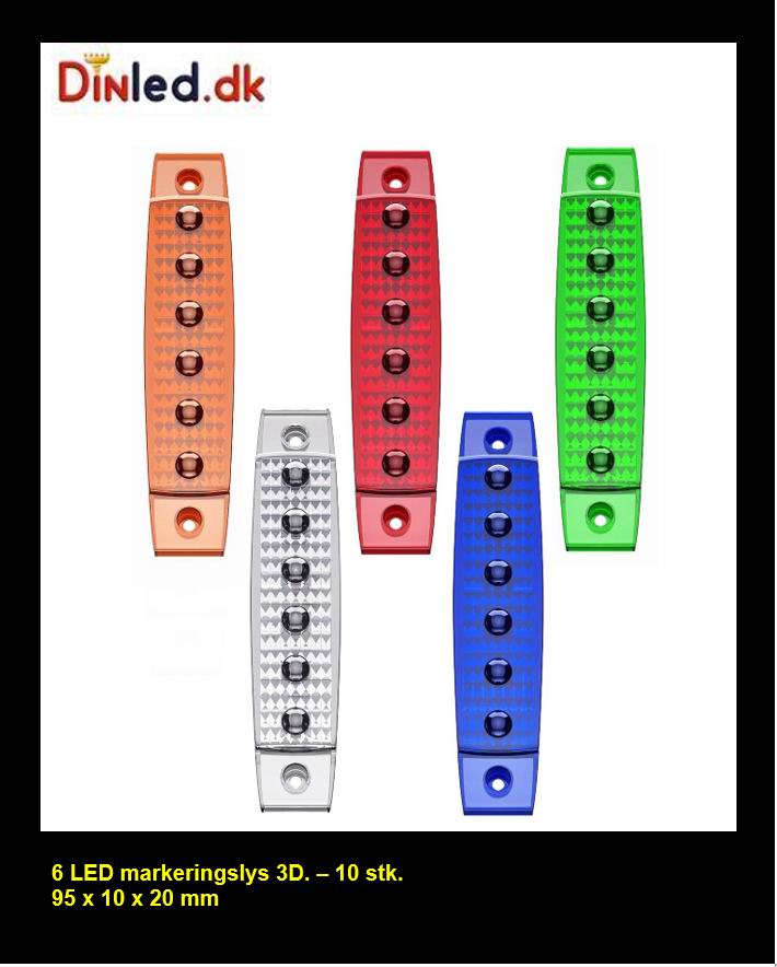 6 LED markeringslygte, 12 / 24v - 3D linser - 10 stk