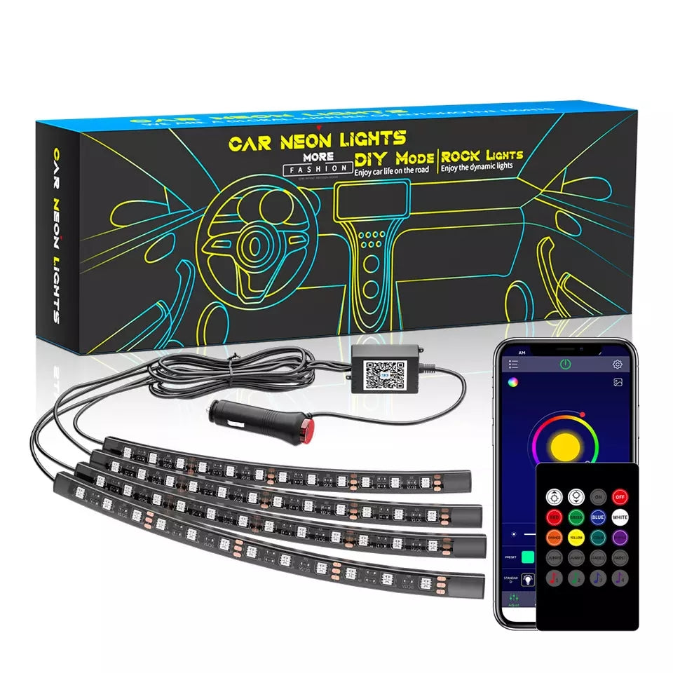 Musik styret sæt med 4 x 12 RGB led skinner - 12v - APP styring + Fjernbetjening