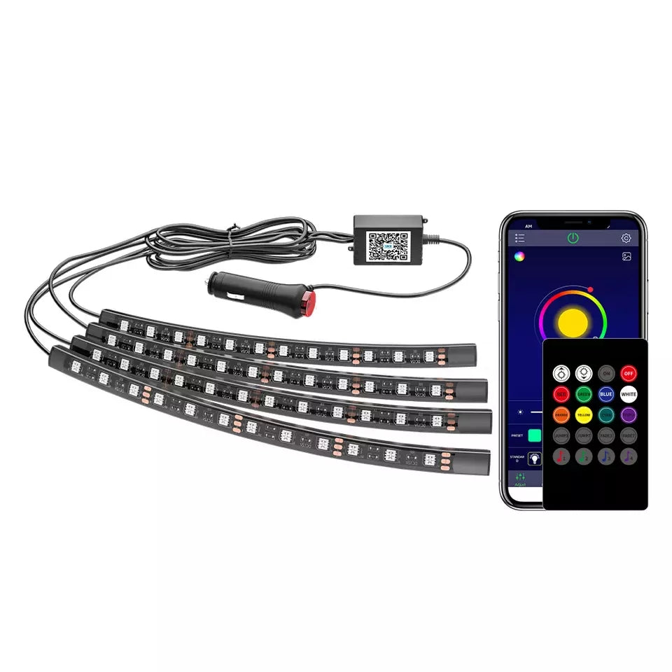 Musik styret sæt med 4 x 12 RGB led skinner - 12v - APP styring + Fjernbetjening