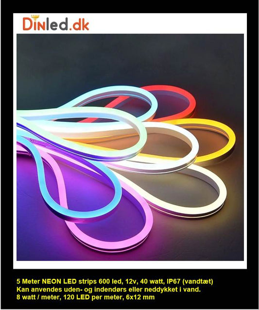 5 meter NEON Led strip, 12 volt, 40 watt, 3600 lumen, IP67, 600 LED.