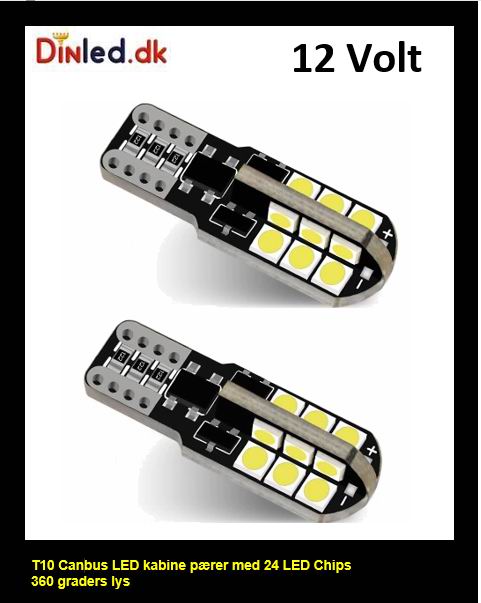 T10 W5W CANBUS LED  pære  - sæt med  2 stk. - 12v
