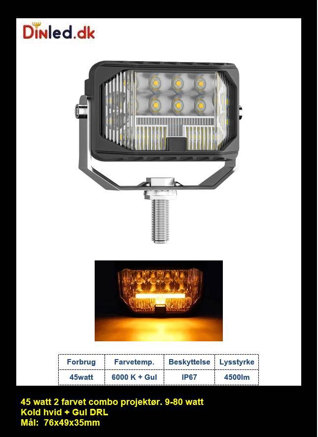 LED projektør Combo 45 watt med DRL, 10-80v