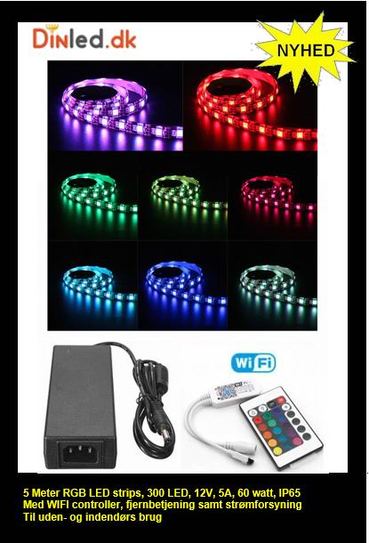 5 meter, 12 volt, 60 watt, 3600 lumen, IP65, 300 LED, RGB Led strip - KOMPLET SÆT