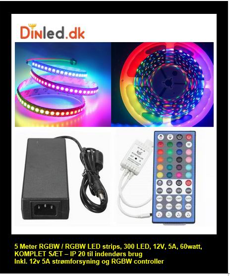 5 meter, 12 volt, 60 watt, 300 LED, RGBW / RGBWW LED strip KOMPLET SÆT