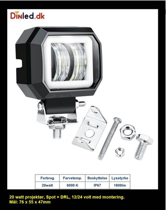 LED køretøjs projektør 20 watt 12/24 volt - HALO - Square