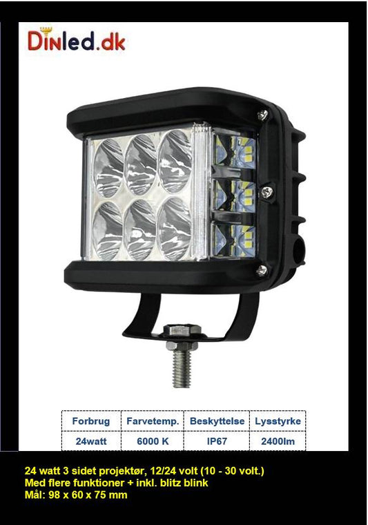 3 sidet projektør, 24 watt 12/24 volt - multifunktioner