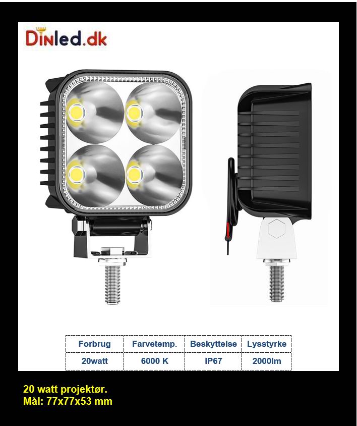 LED køretøjs projektør 20 watt 12/24/48 volt - m. Blitz blink
