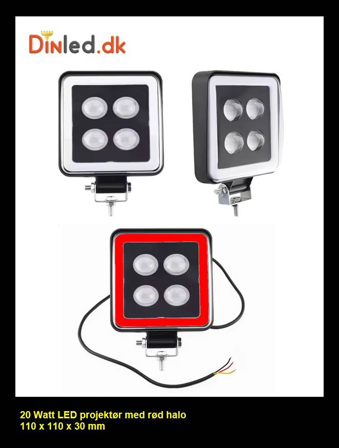 LED køretøjs projektør 20 watt 12-24v med rød halo
