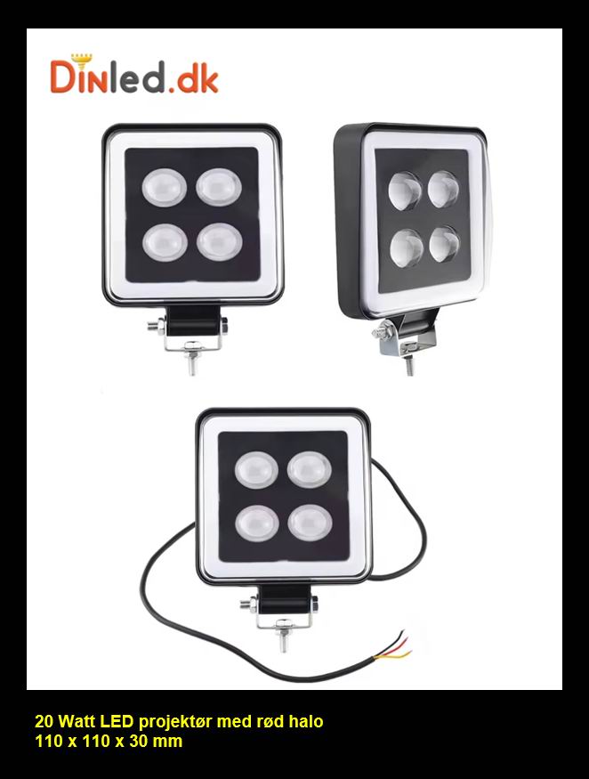LED køretøjs projektør 20 watt 12-24v med rød halo