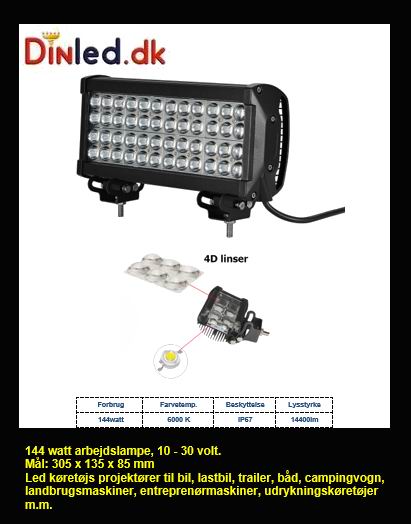 LED køretøjs projektør 144 watt 12/24 volt, Spot