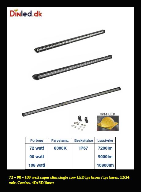 Super slim 36 - 54 - 72 - 90 - 108 - 126 - 144 watt single row LED Lys bro / lys bar